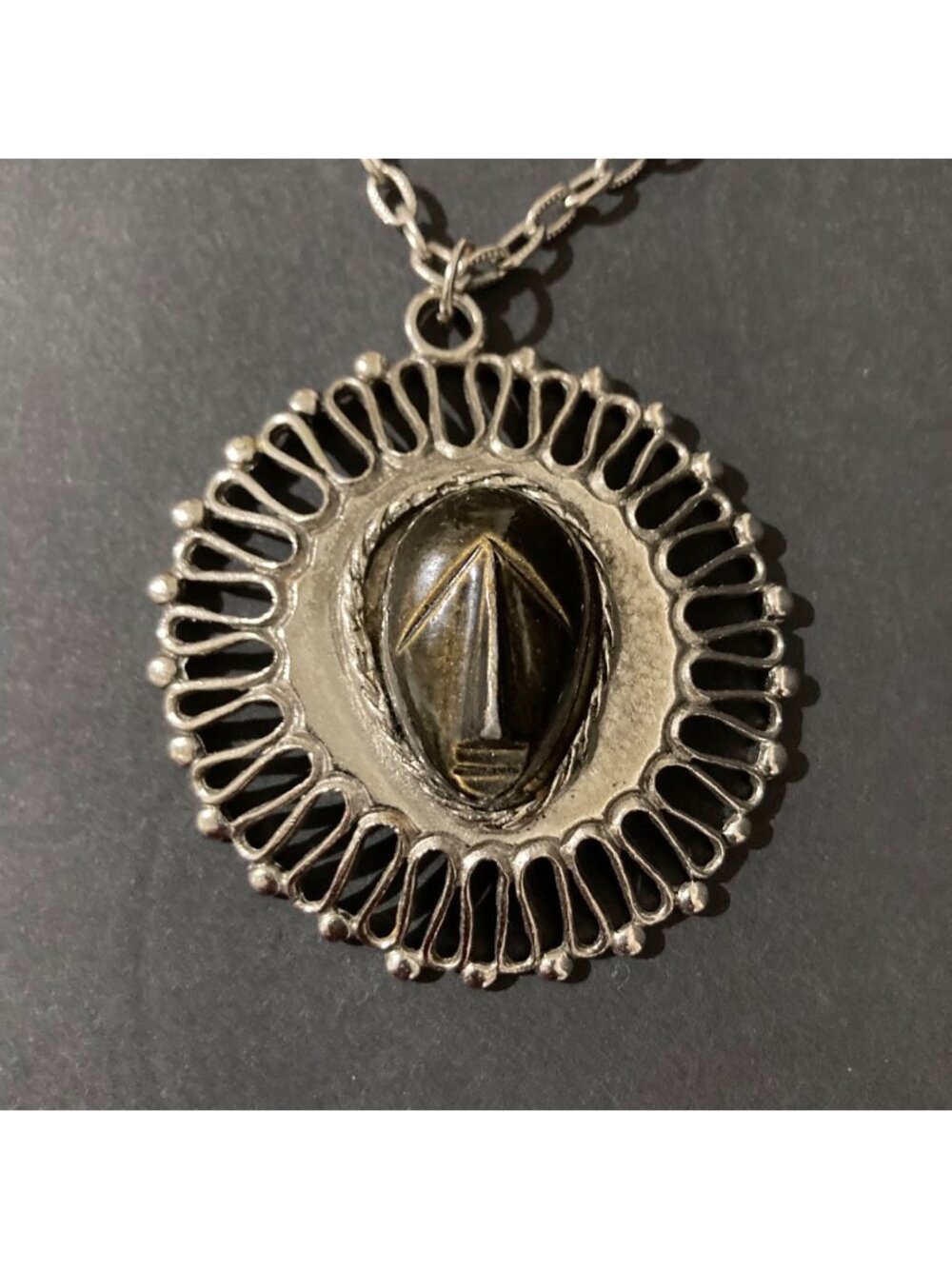 Vintage Mexican Silver Tone Necklace With Warrior Face Pendant